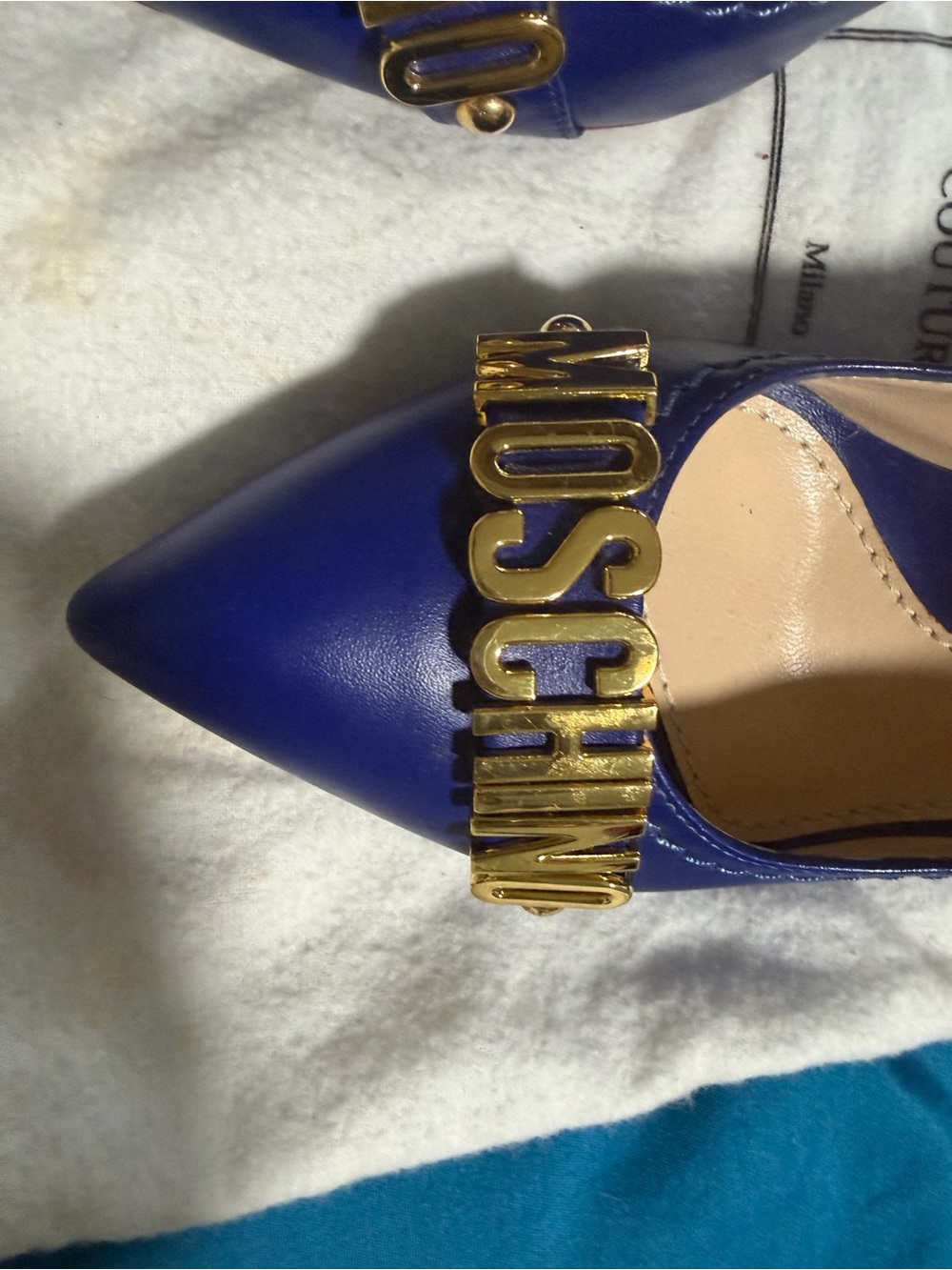 Moschino Cobalt Pointed Toe Pumps with Gold MOSCHINO Logo - Picture 6 of 7